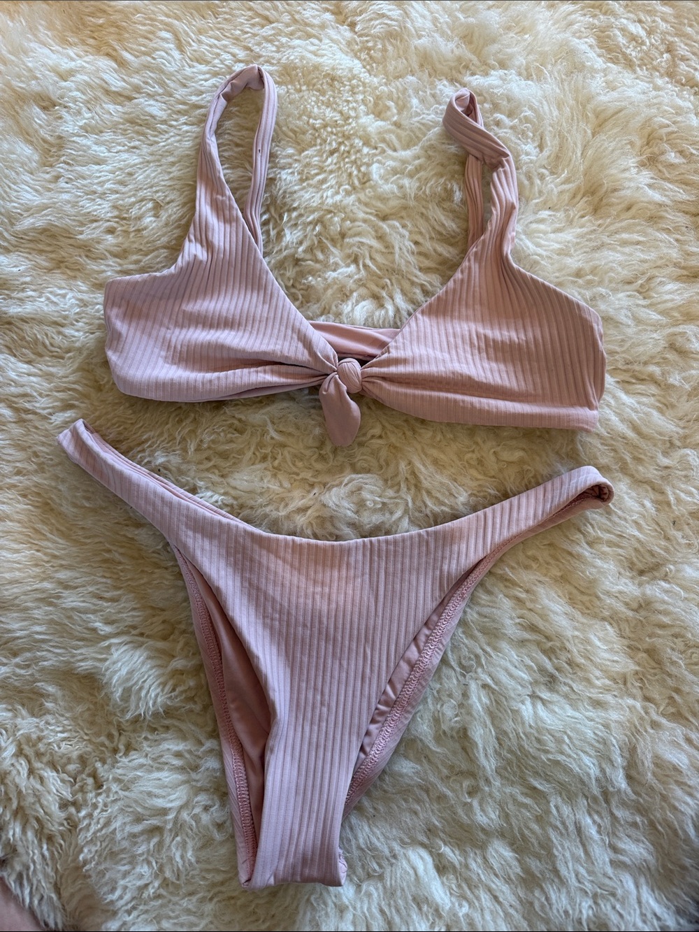Vitamin A Ribbed Knot-Front Bikini Set in Light Blush
